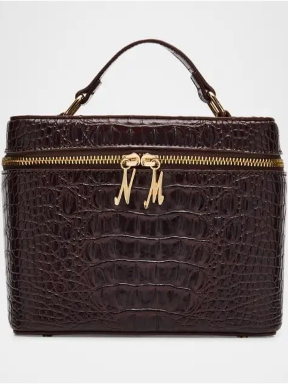 Neiman Marcus Black Croc-Embossed Top-Handle Cosmetic Case with Gold Hardware